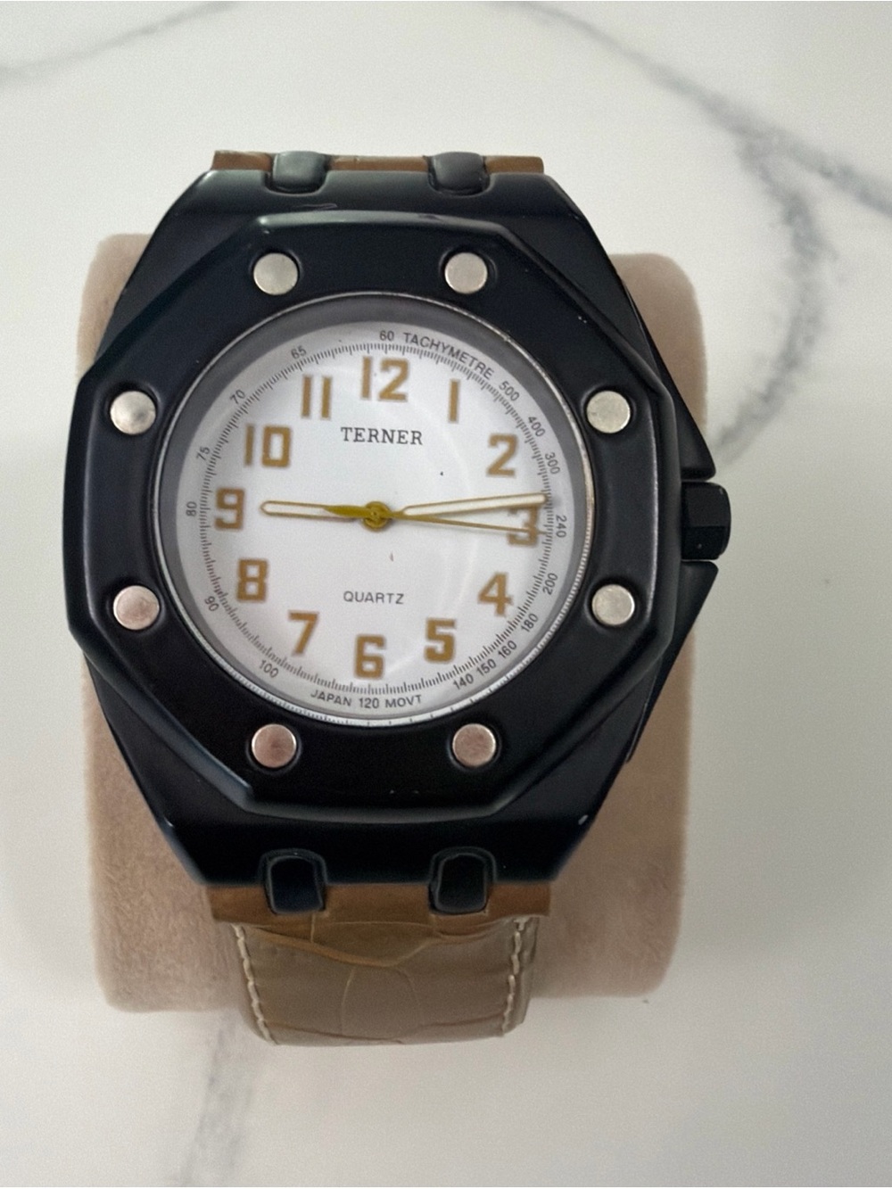 Terner Men's Black Case Brown Strap Quartz Watch New Battery